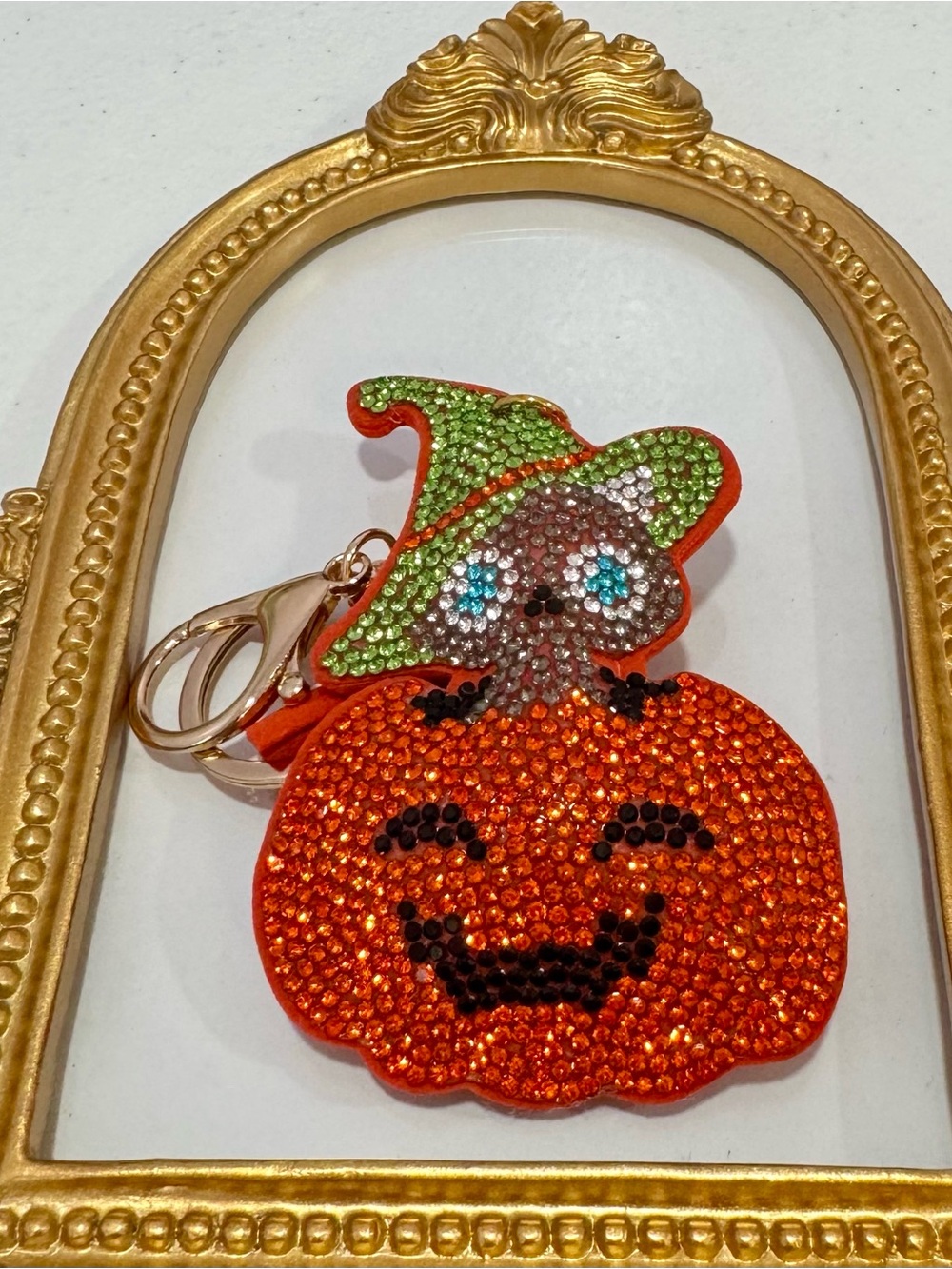 New Crystal Orange Pumpkin with Cat Green Witch Hat Keychain Bag Charm